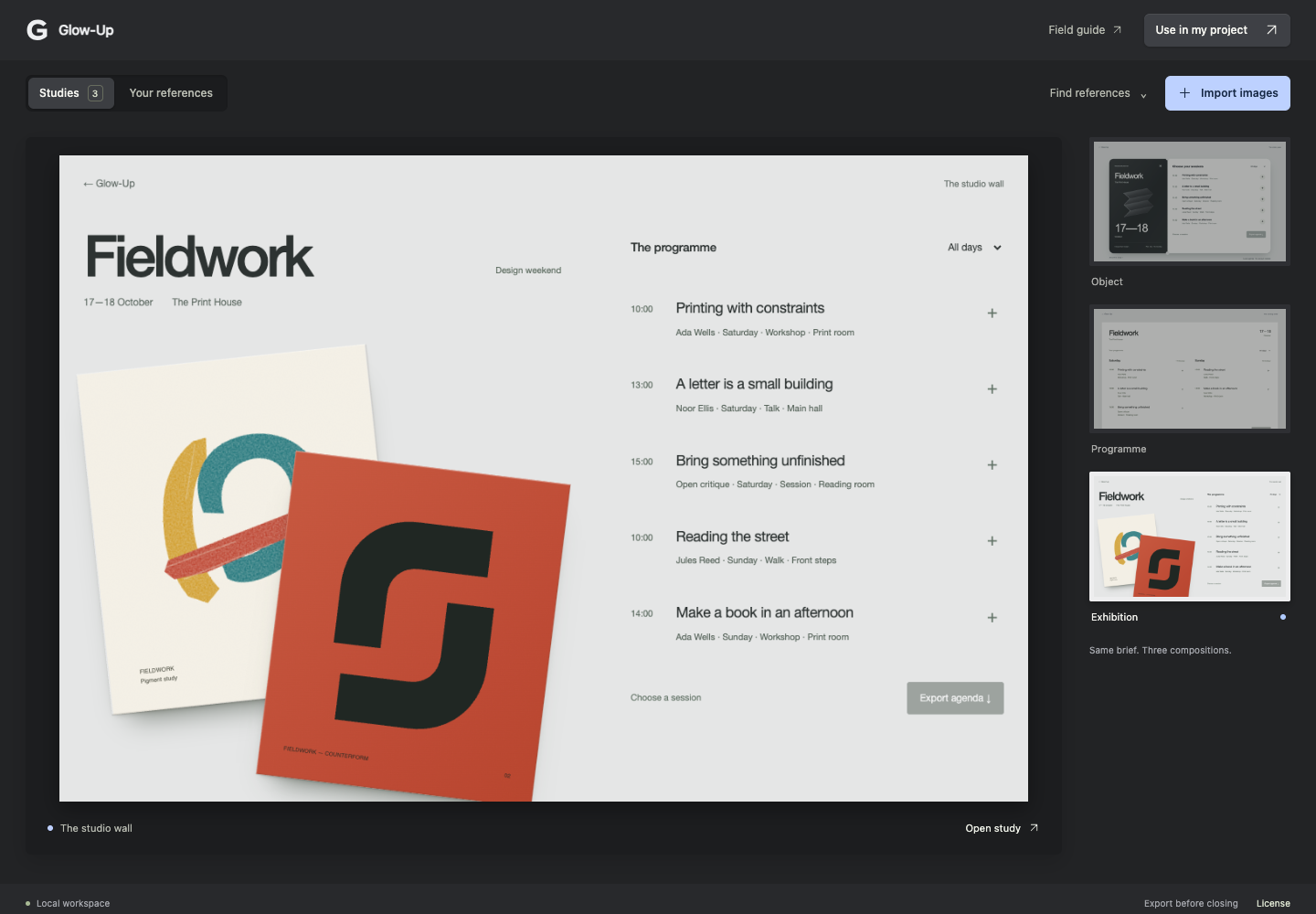 Glow-Up reference browser with original composition studies