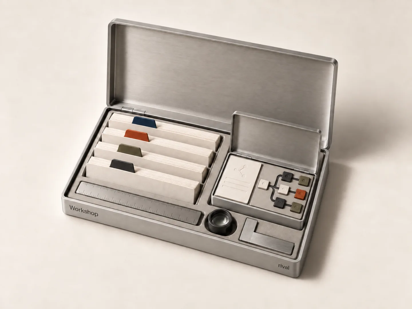 Workshop: an aluminium case of tabbed skill cards, a ruler, a loupe and the Brief tin