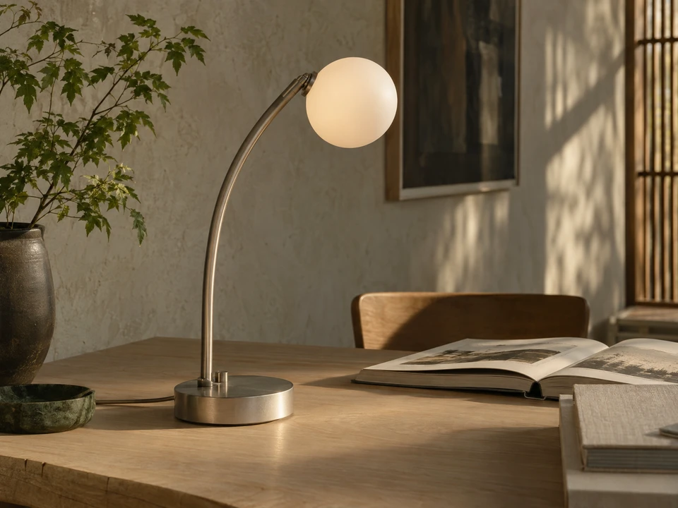 Campaign image of a sculptural aluminium and opal glass lamp