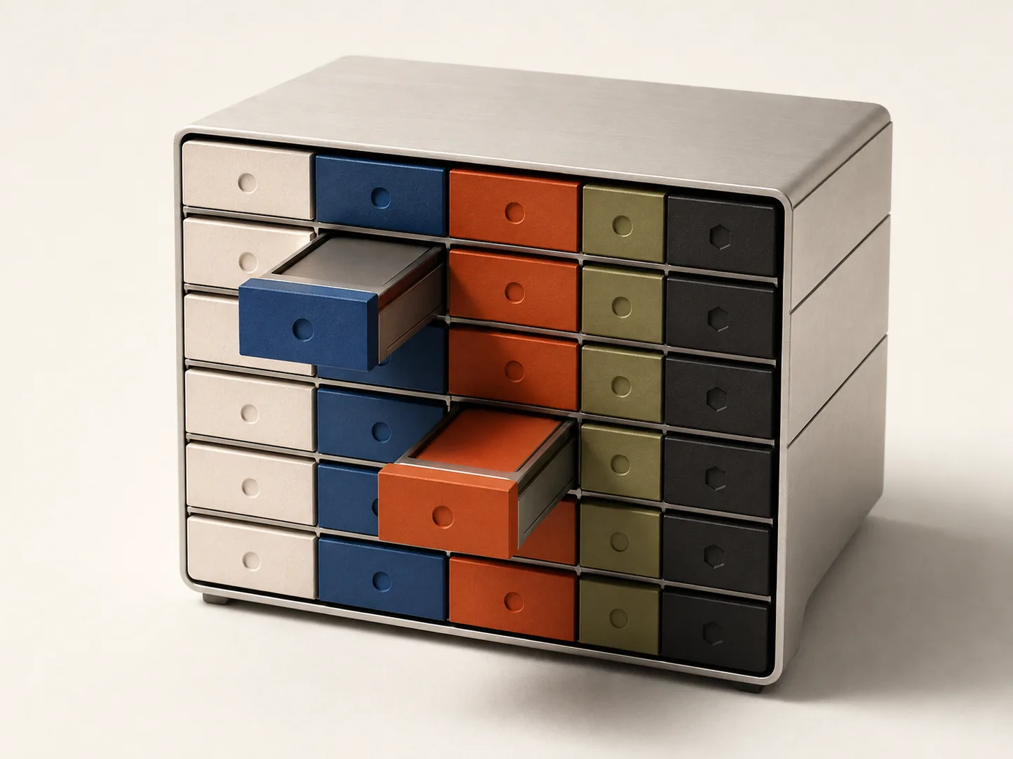 Rival Workshop cover: an aluminum archive with cream, blue, orange, green and charcoal drawers